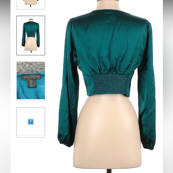 NWT House of Harlow 1960 Teal Satin Cropped Long Sleeve ruched Blouse - Picture 2 of 6